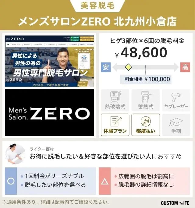 メンズサロンZERO 北九州小倉店のヒゲ脱毛料金と相場を比較して独自レビュー