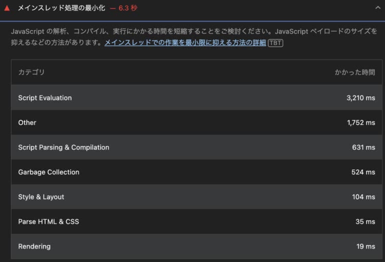 lighthouseで計測した時の「メインスレッド処理の最小化」